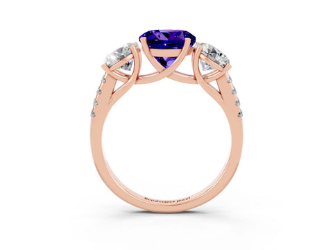 Rose gold Three-Stone Round Cut Tanzanite Ring with Pavé Band and Prong Setting_15