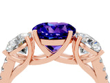 Rose gold Three-Stone Round Cut Tanzanite Ring with Pavé Band and Prong Setting_16