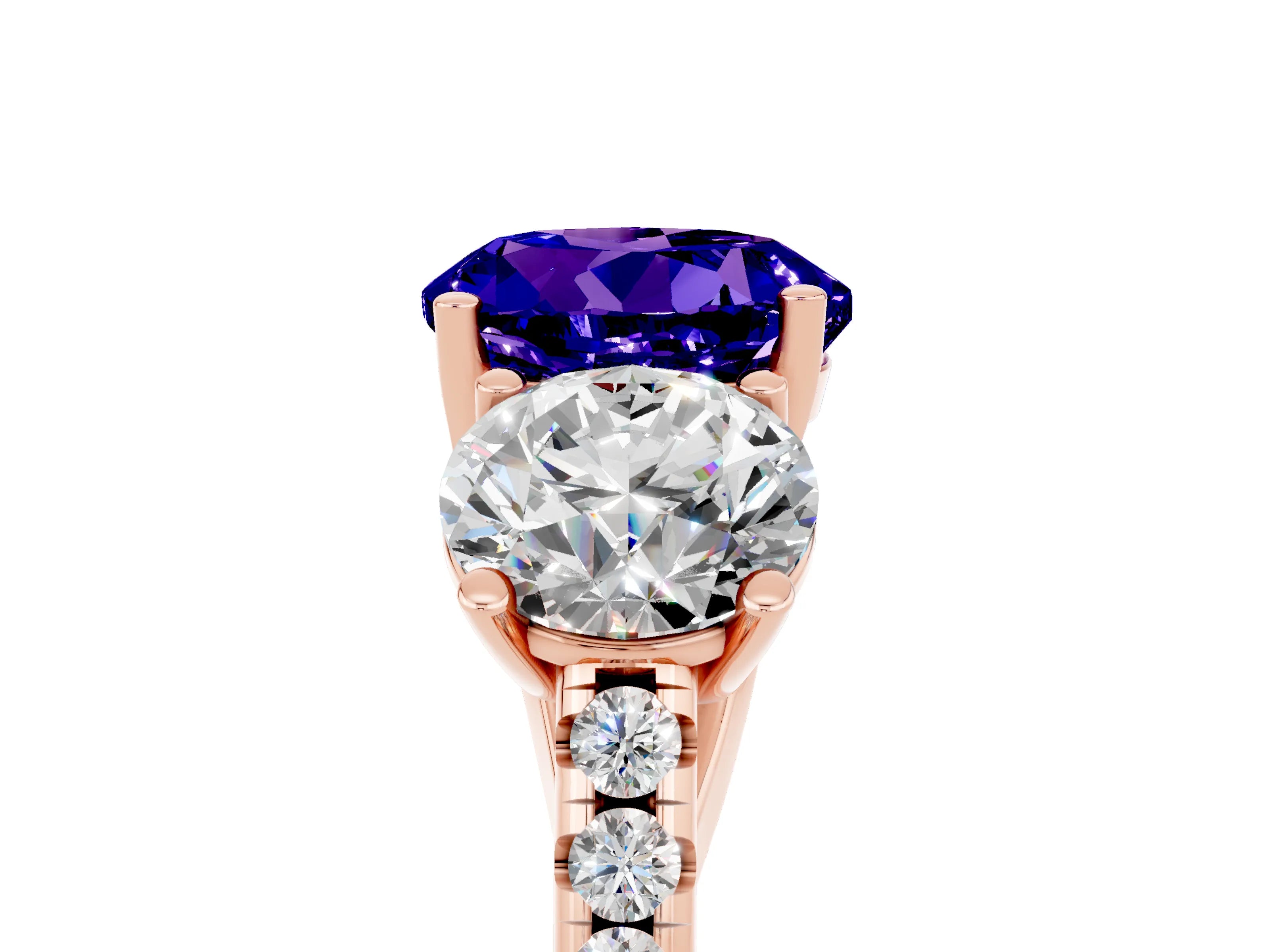Rose gold Three-Stone Round Cut Tanzanite Ring with Pavé Band and Prong Setting_17