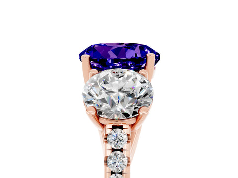 Rose gold Three-Stone Round Cut Tanzanite Ring with Pavé Band and Prong Setting_17