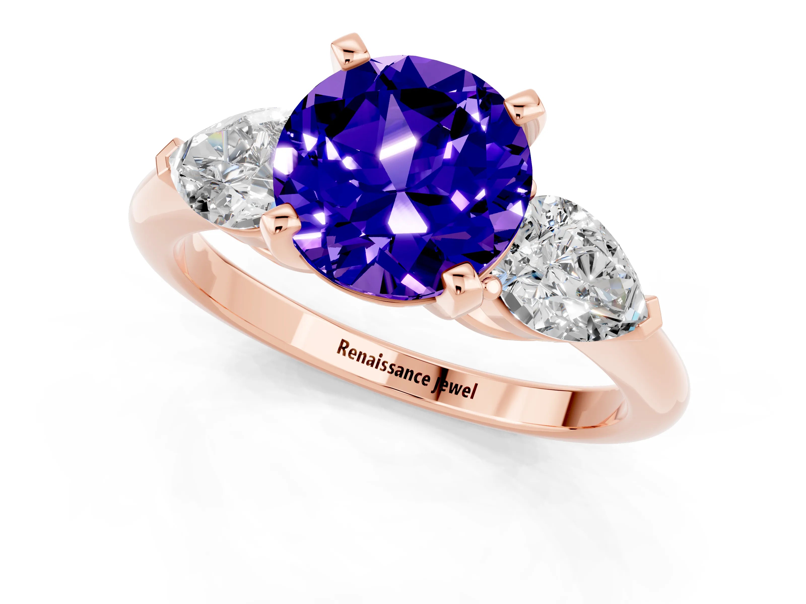 Rose gold Three-Stone Round Cut Tanzanite Ring with Pear Side Stones and Four-Prong Setting_1