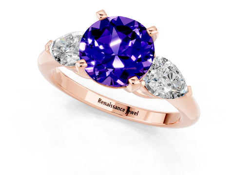 Rose gold Three-Stone Round Cut Tanzanite Ring with Pear Side Stones and Four-Prong Setting_1