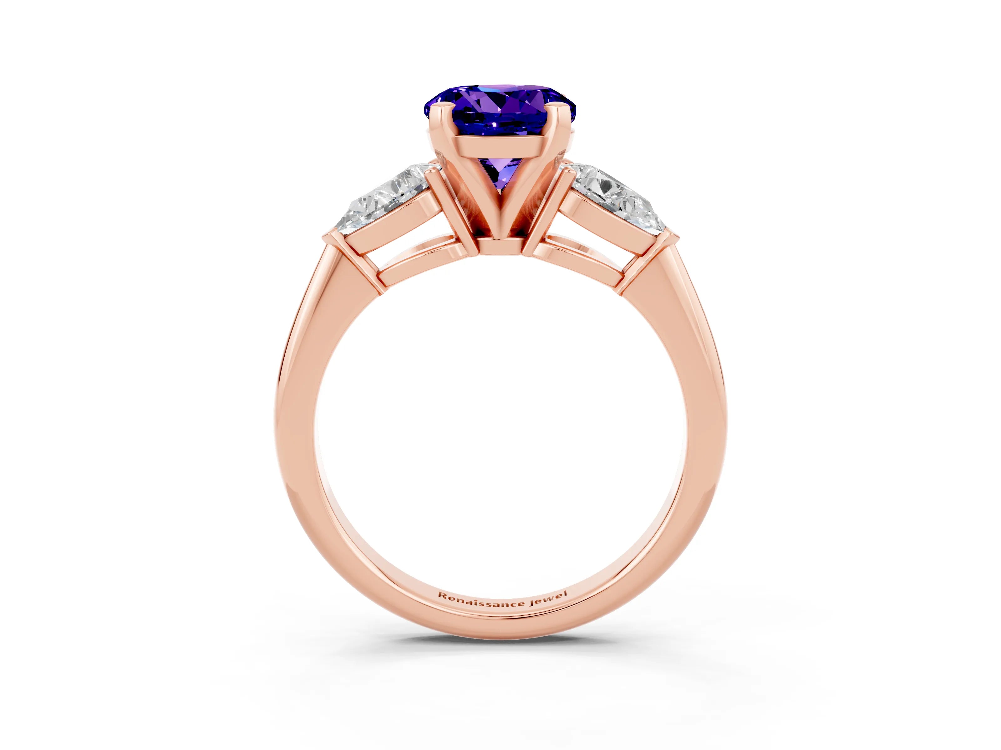 Rose gold Three-Stone Round Cut Tanzanite Ring with Pear Side Stones and Four-Prong Setting_3