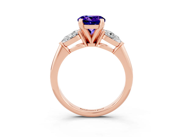 Rose gold Three-Stone Round Cut Tanzanite Ring with Pear Side Stones and Four-Prong Setting