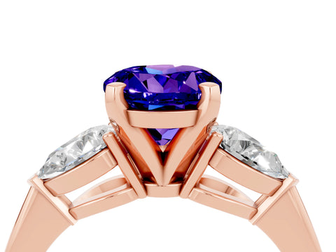 Rose gold Three-Stone Round Cut Tanzanite Ring with Pear Side Stones and Four-Prong Setting_4