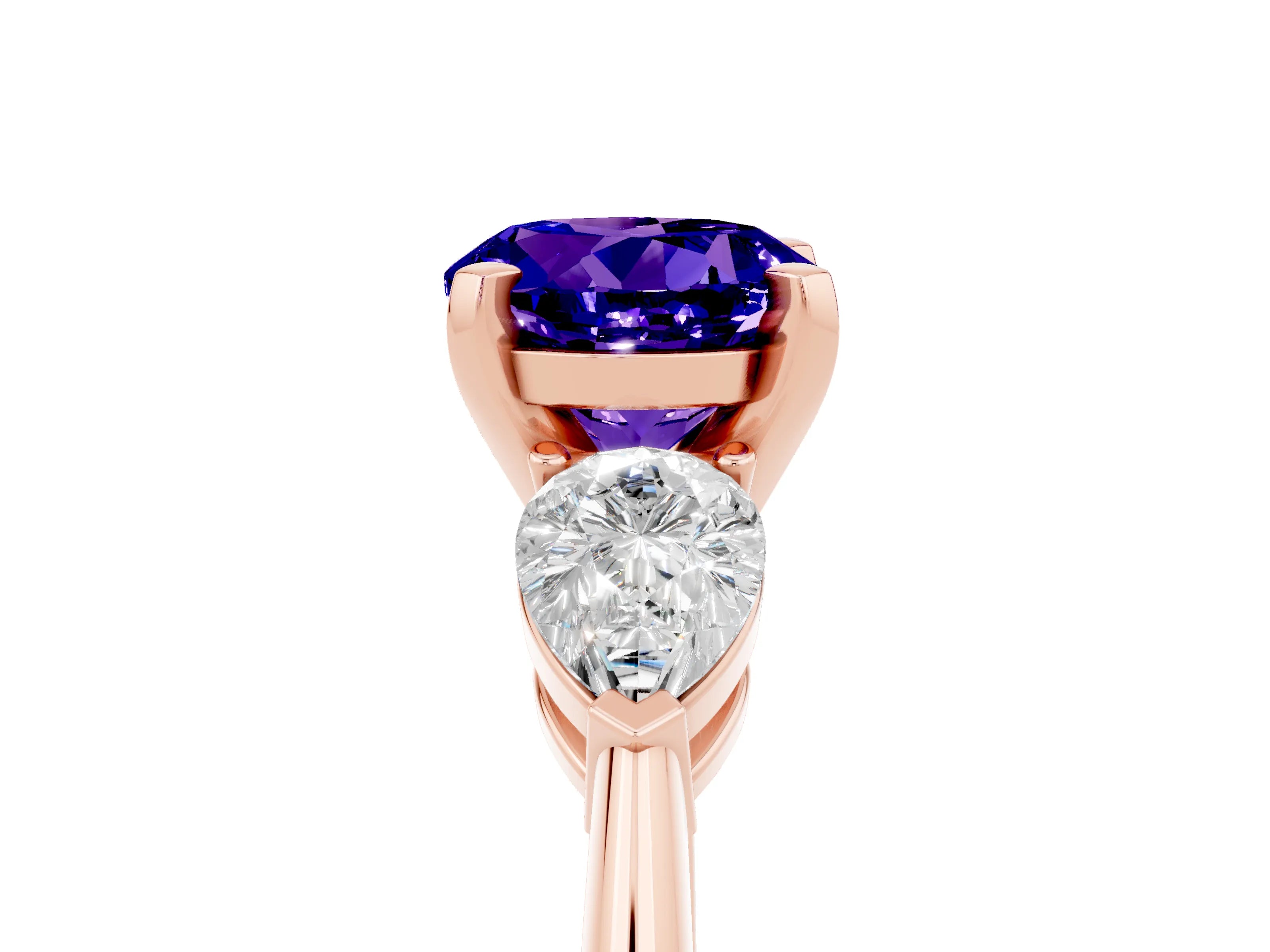 Rose gold Three-Stone Round Cut Tanzanite Ring with Pear Side Stones and Four-Prong Setting_5