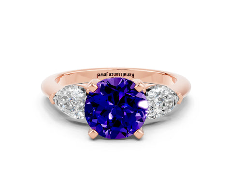 Rose gold Three-Stone Round Cut Tanzanite Ring with Pear Side Stones and Four-Prong Setting