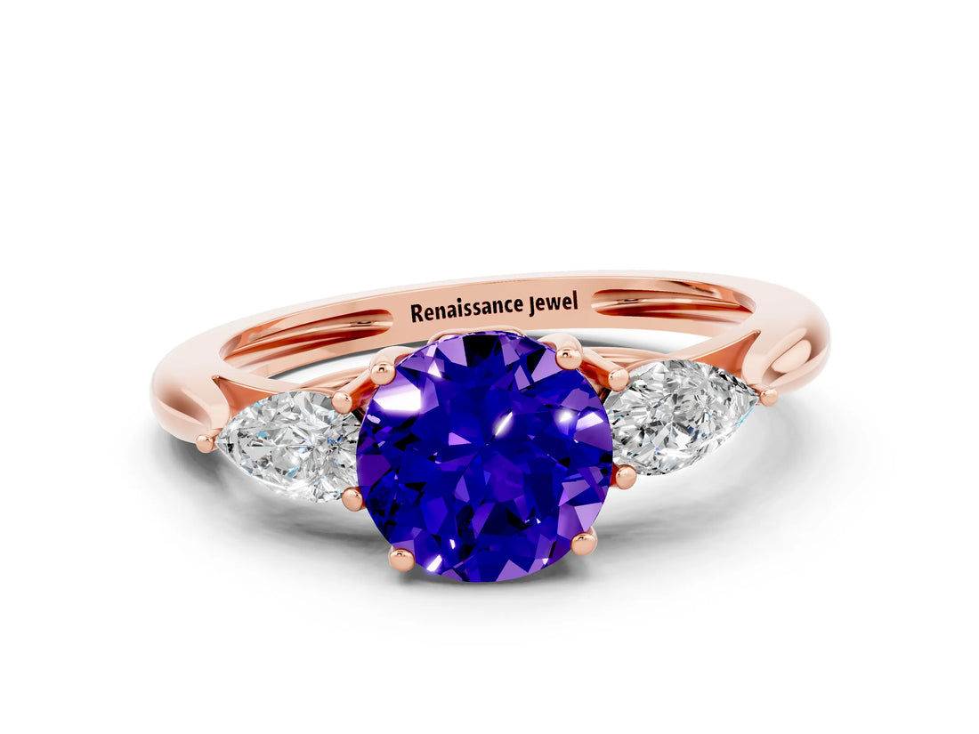 Rose gold Three-Stone Round Cut Tanzanite Ring with Pear  Side Stones in Four-Prong Setting_12