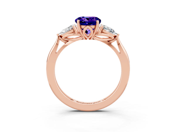 Rose gold Three-Stone Round Cut Tanzanite Ring with Pear  Side Stones in Four-Prong Setting