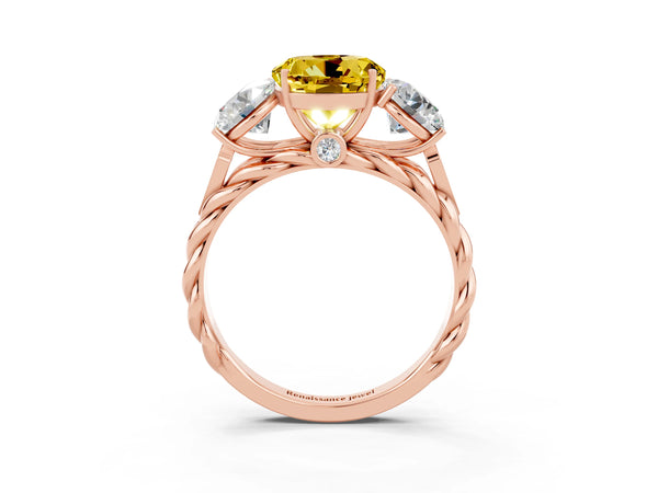 Rose gold Three-Stone Round Cut Yellow Sapphire Braided Band Ring with Four-Prong Setting