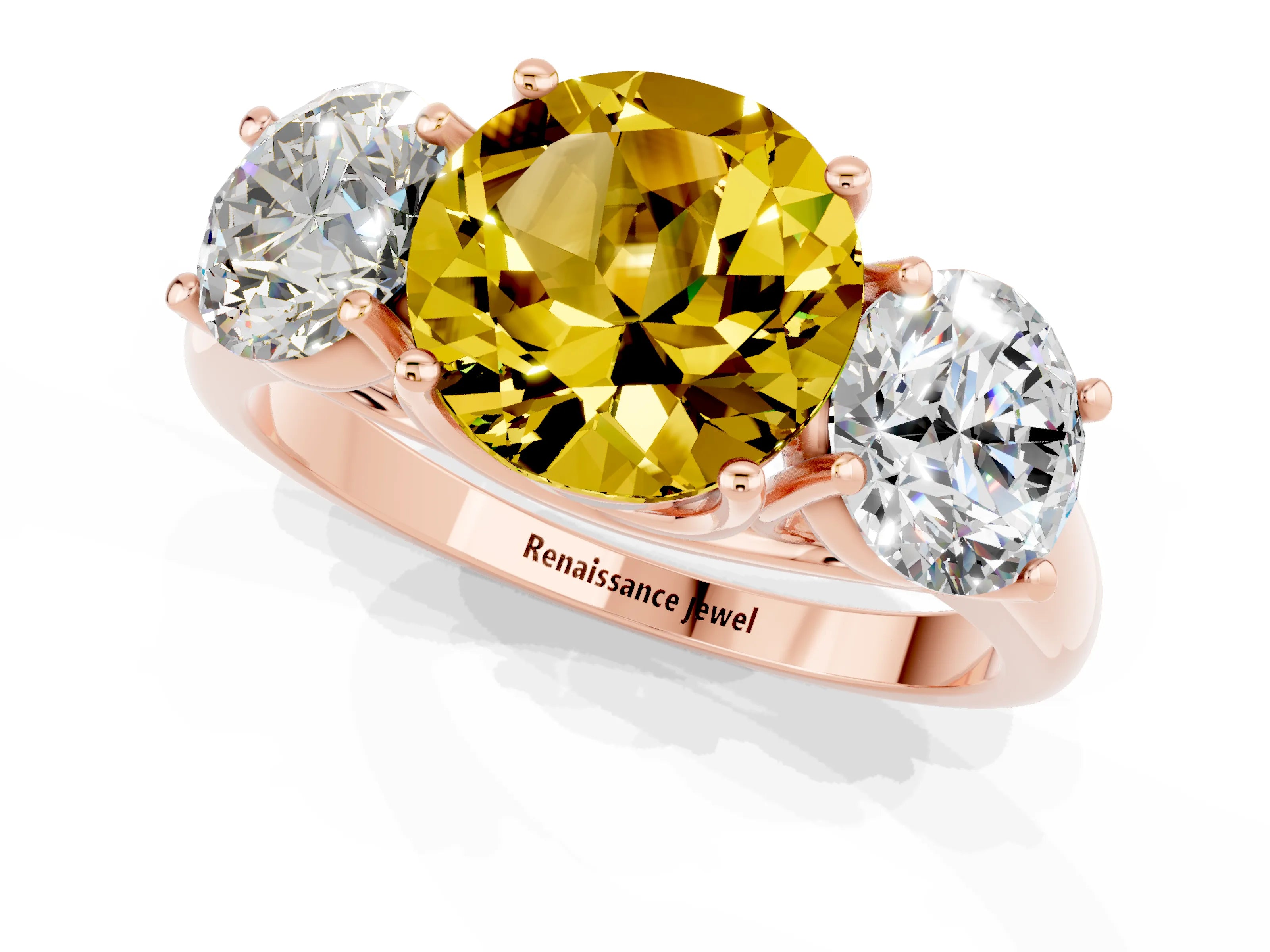 Rose gold Three-Stone Round Cut Yellow Sapphire Engagement Ring with Prong Setting_1