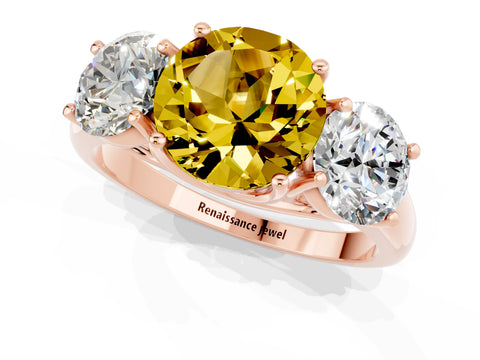 Rose gold Three-Stone Round Cut Yellow Sapphire Engagement Ring with Prong Setting_1