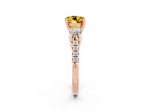 Rose gold Three-Stone Round Cut Yellow Sapphire Pavé Band with Four-Prong Setting