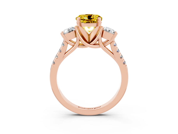 Rose gold Three-Stone Round Cut Yellow Sapphire Pavé Band with Four-Prong Setting