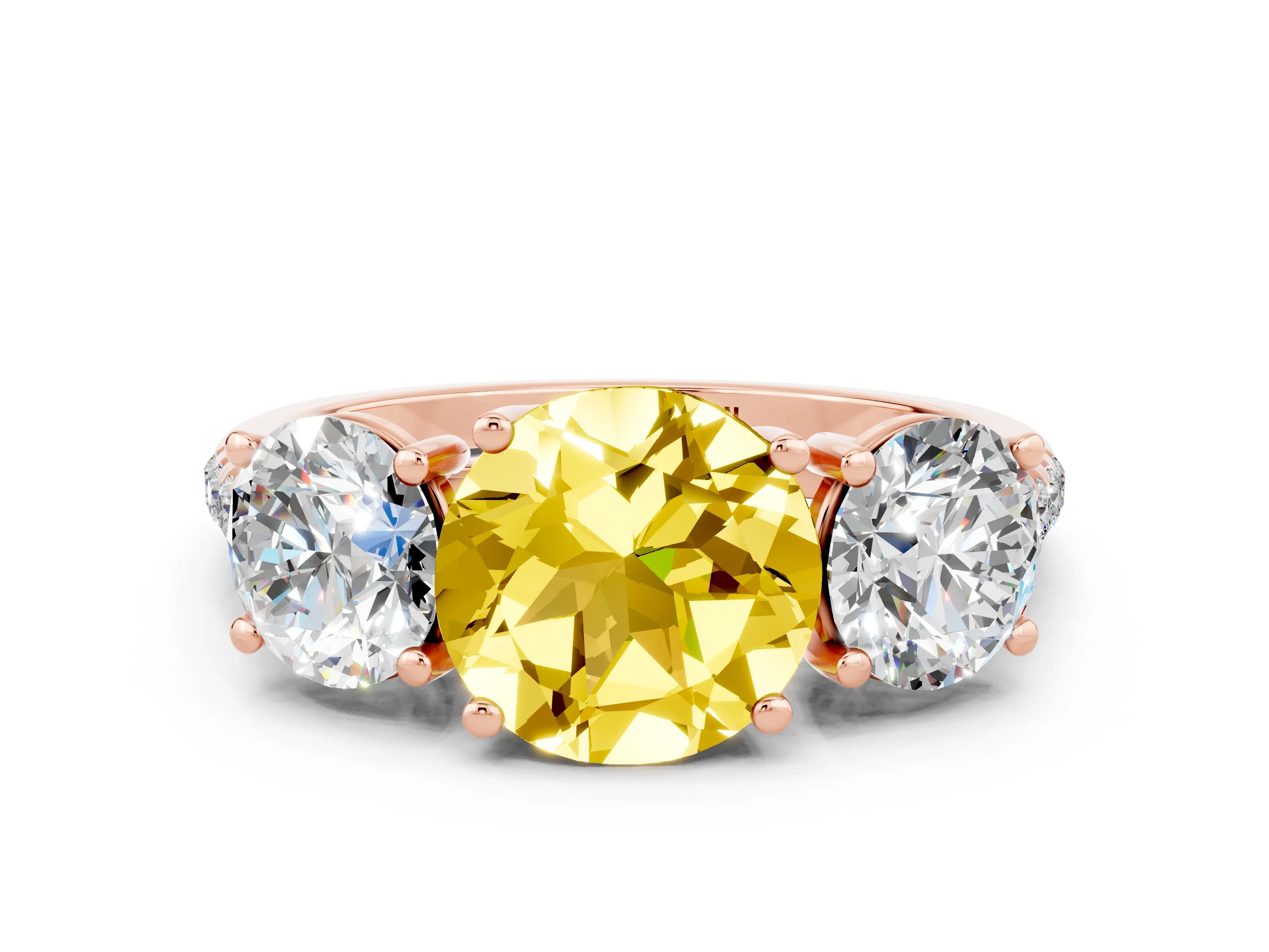 Rose gold Three-Stone Round Cut Yellow Sapphire Ring with Pavé Band and Prong Setting_36