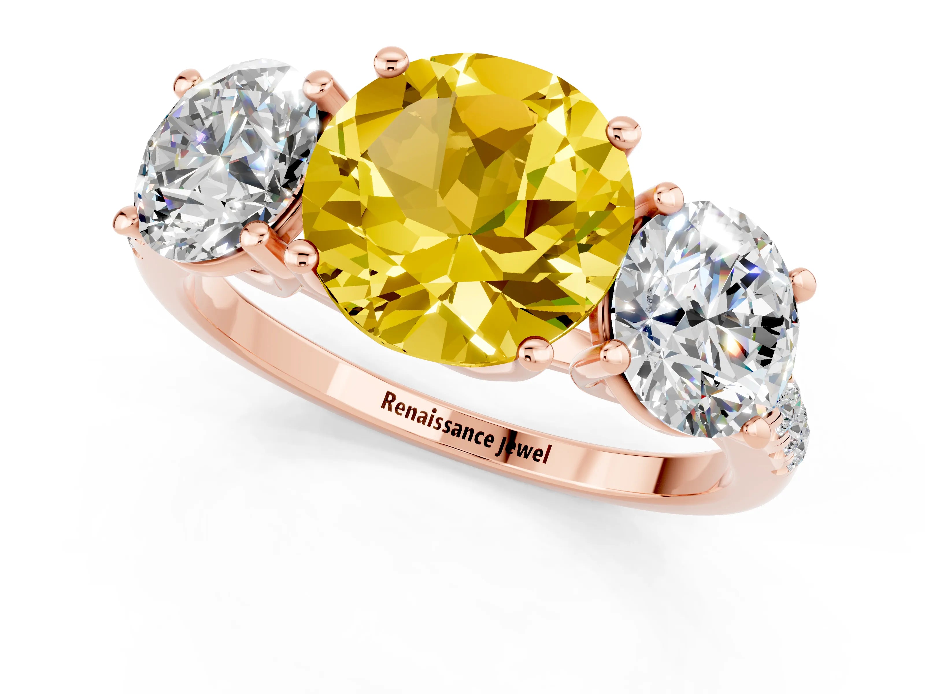 Rose gold Three-Stone Round Cut Yellow Sapphire Ring with Pavé Band and Prong Setting_37