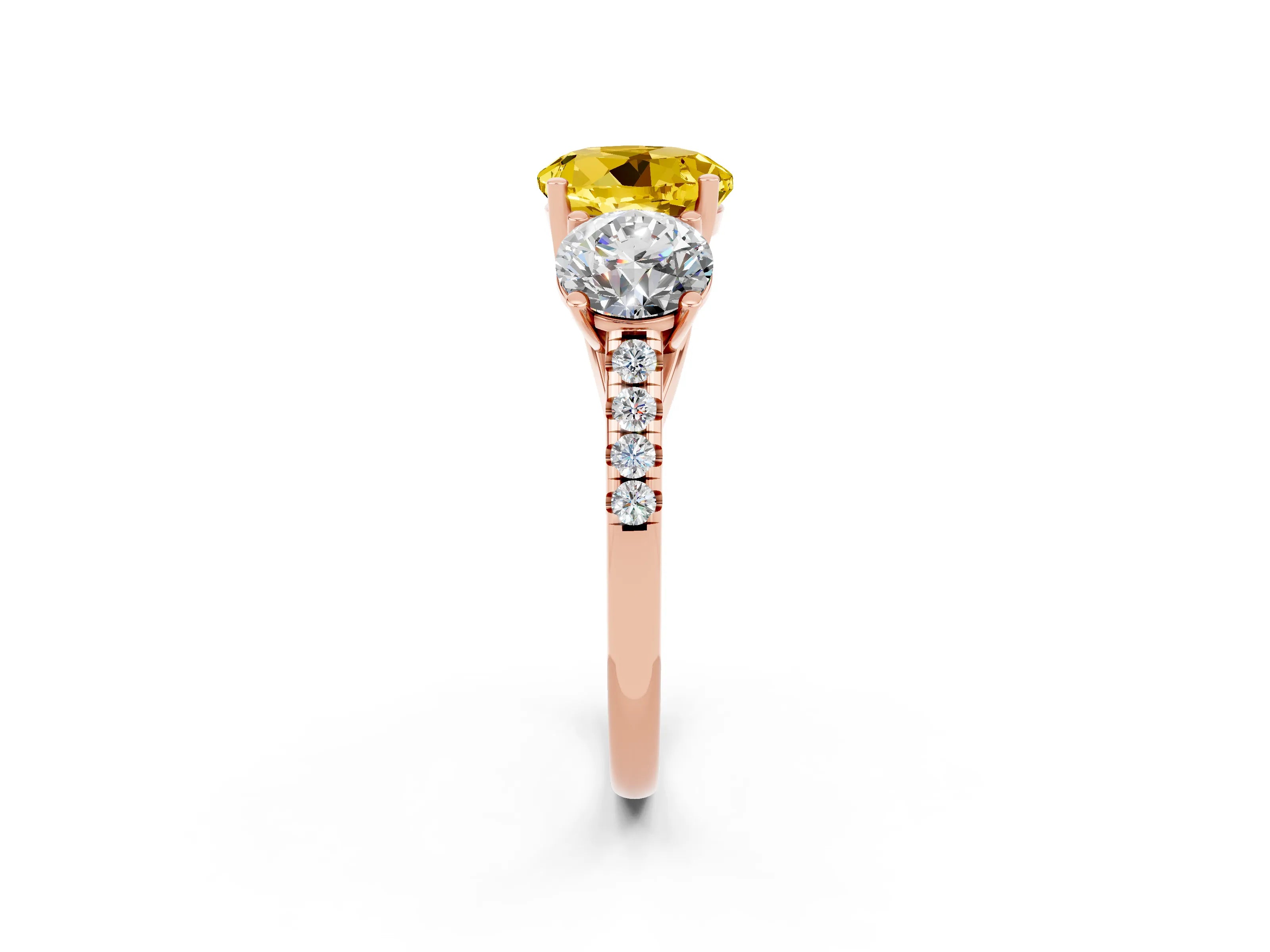 Rose gold Three-Stone Round Cut Yellow Sapphire Ring with Pavé Band and Prong Setting_38