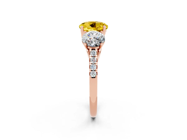 Rose gold Three-Stone Round Cut Yellow Sapphire Ring with Round  Pavé Band and Prong Setting
