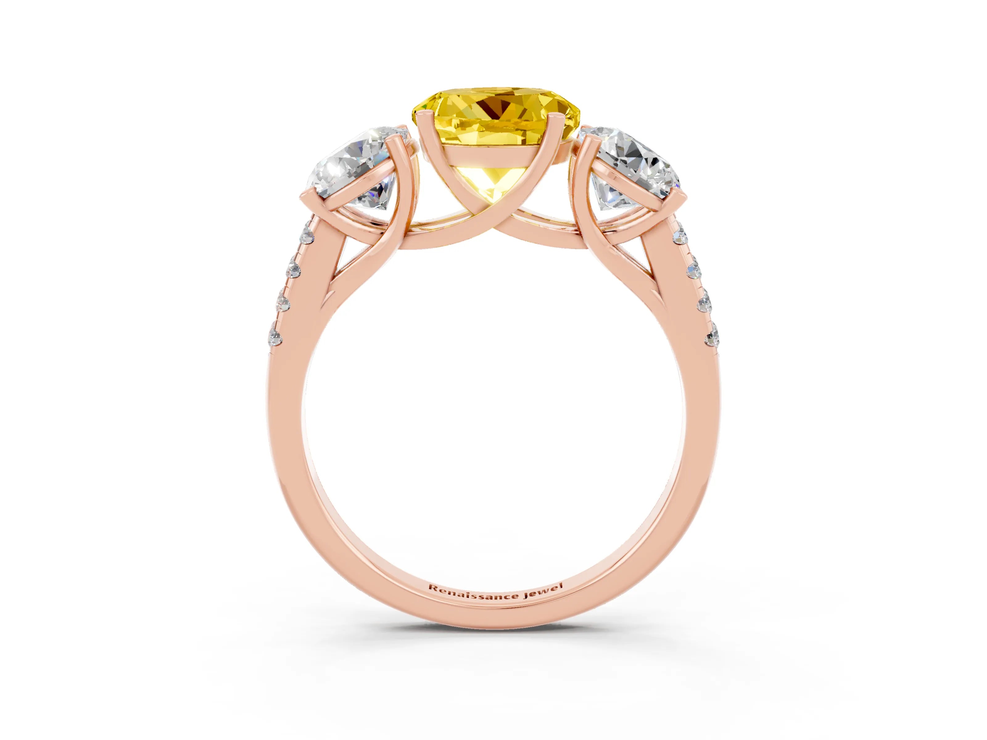 Rose gold Three-Stone Round Cut Yellow Sapphire Ring with Pavé Band and Prong Setting_39