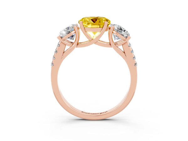 Rose gold Three-Stone Round Cut Yellow Sapphire Ring with Round  Pavé Band and Prong Setting