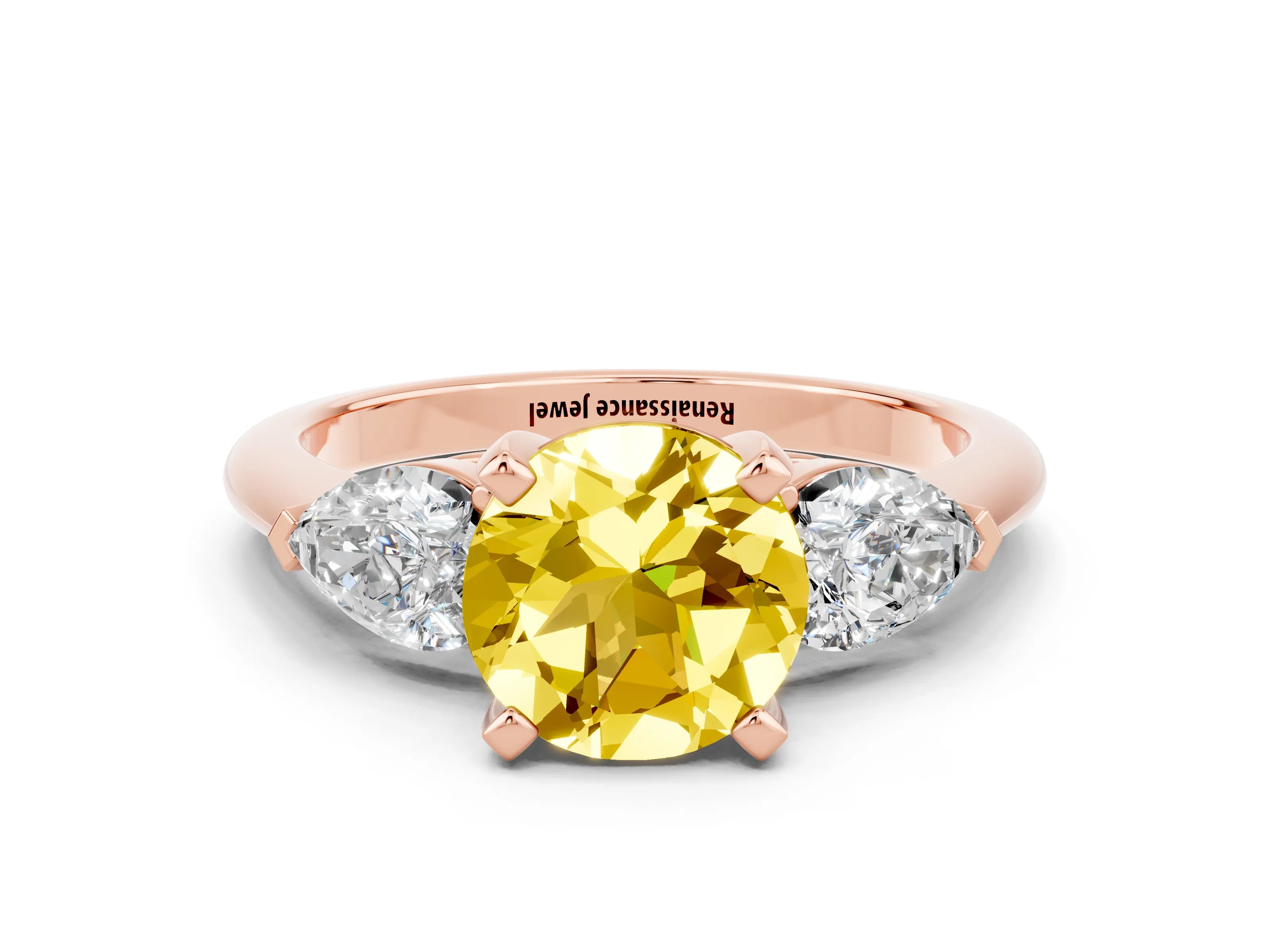 Rose gold Three-Stone Round Cut Yellow Sapphire Ring with Pear Side Stones and Four-Prong Setting_24