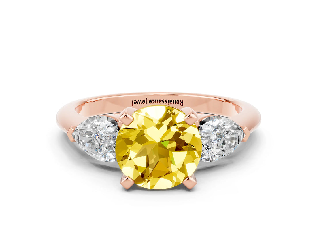 Rose gold Three-Stone Round Cut Yellow Sapphire Ring with Pear Side Stones and Four-Prong Setting_24