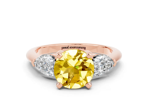 Rose gold Three-Stone Round Cut Yellow Sapphire Ring with Pear Side Stones and Four-Prong Setting_24