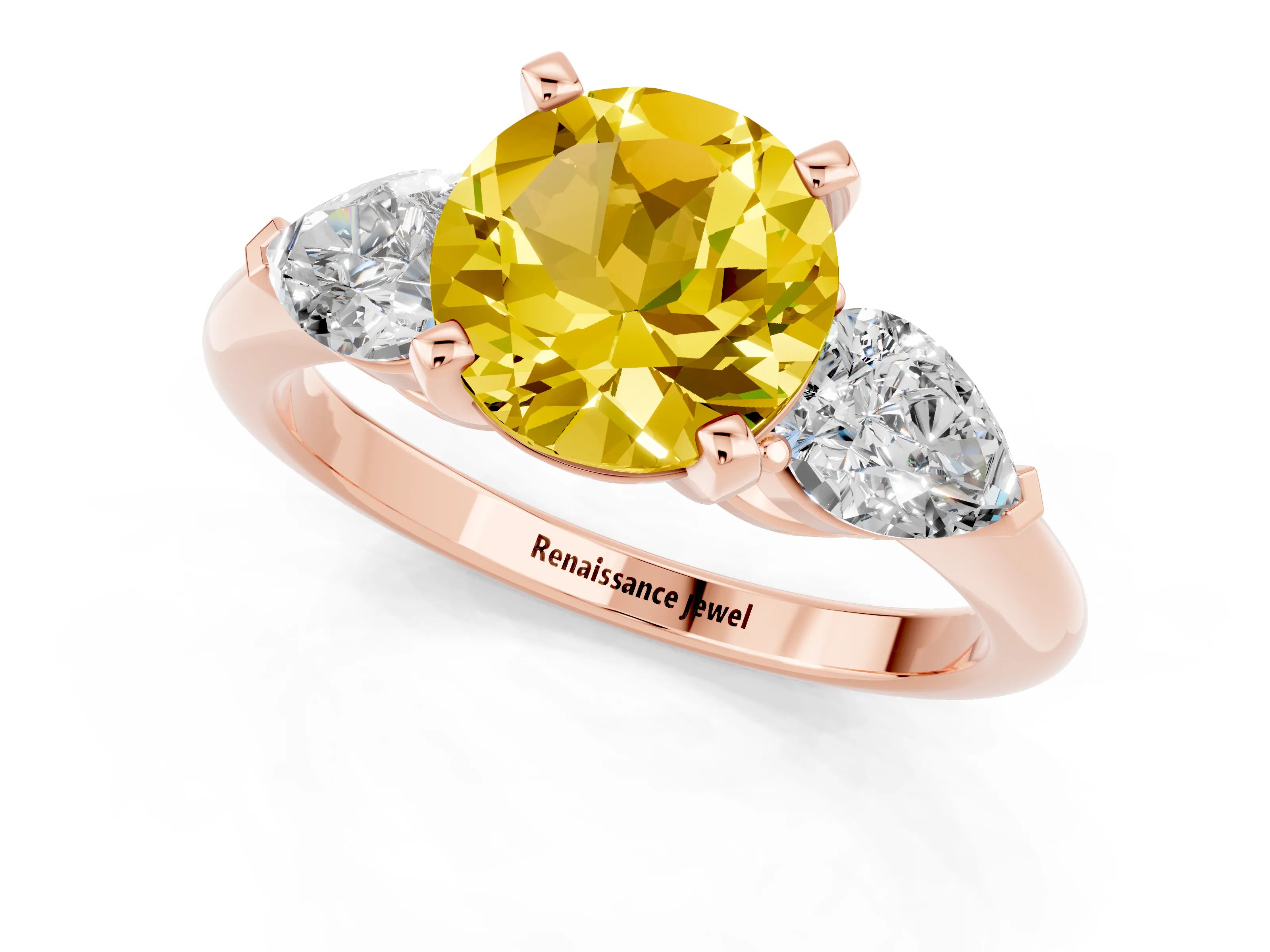 Rose gold Three-Stone Round Cut Yellow Sapphire Ring with Pear Side Stones and Four-Prong Setting_25