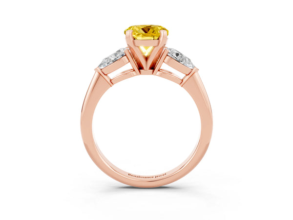 Rose gold Three-Stone Round Cut Yellow Sapphire Ring with Pear Side Stones and Four-Prong Setting