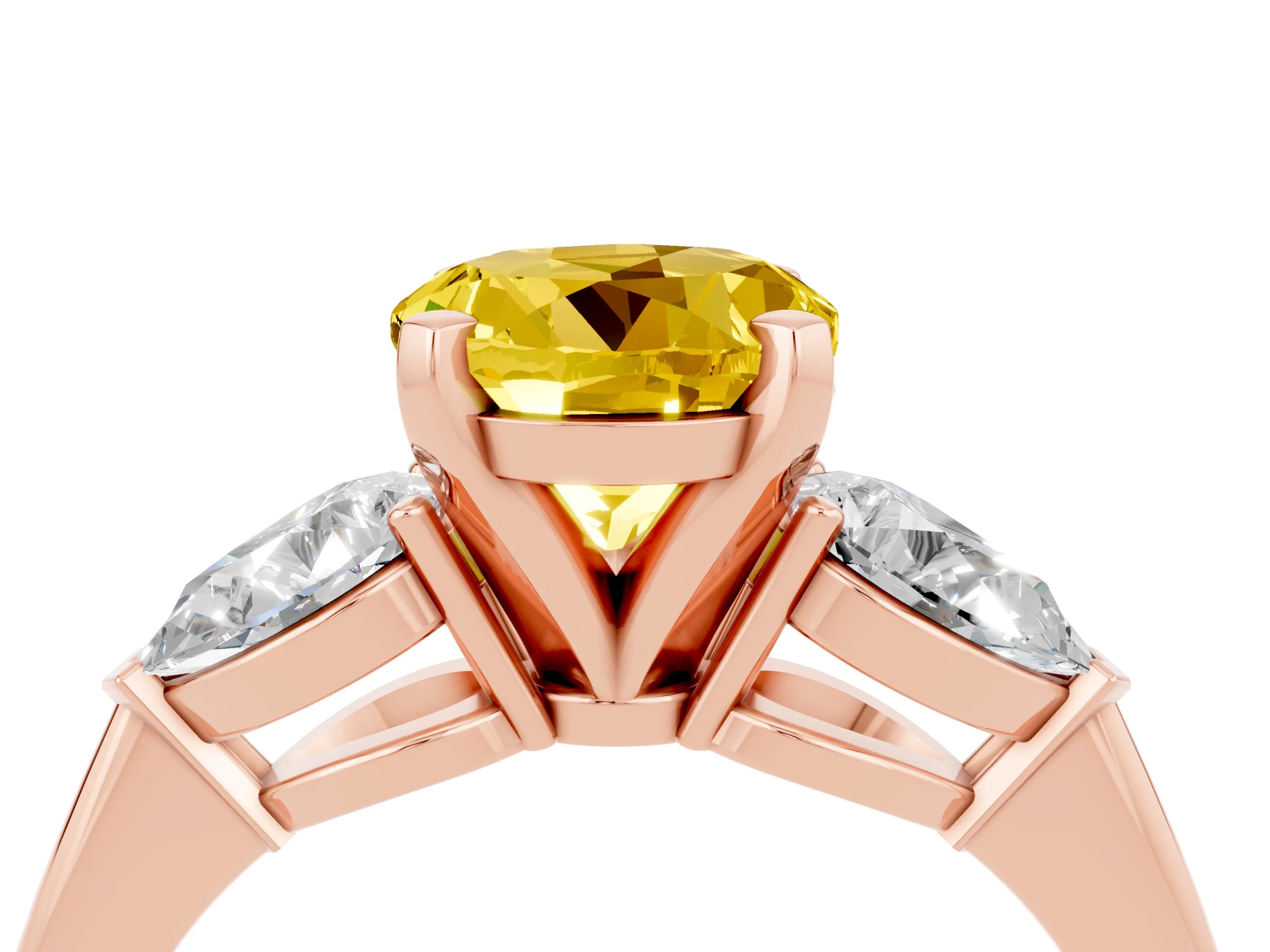 Rose gold Three-Stone Round Cut Yellow Sapphire Ring with Pear Side Stones and Four-Prong Setting_28