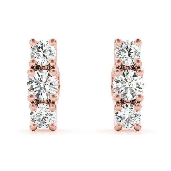 Rose gold Three-Stone Round Diamond Channel Band Prong-Set Earrings 2