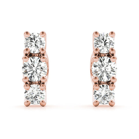 Rose gold Three-Stone Round Diamond Channel Band Prong-Set Earrings 2