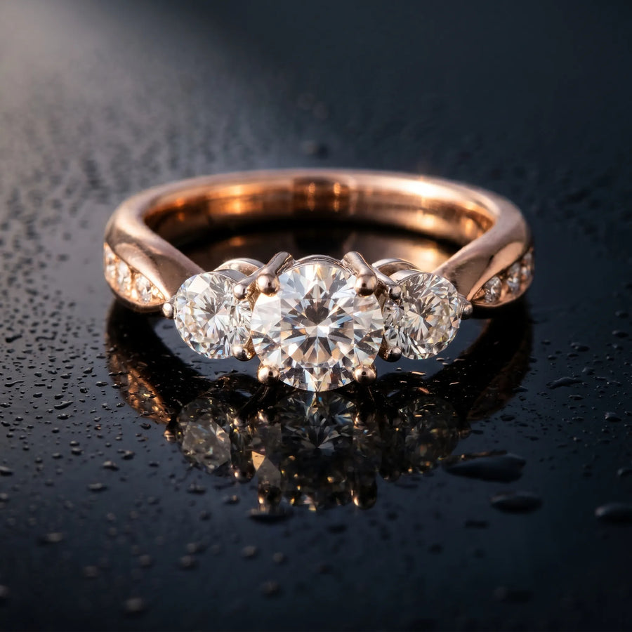 Rose gold Three-Stone Round Diamond Channel Set Engagement Ring with Prong Setting