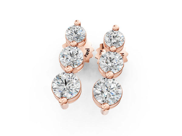 Rose gold Three-Stone Round Diamond Drop Earrings with Prong Setting on White Gold