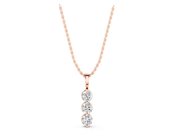 Rose gold Three-Stone Round Diamond Drop Pendant with Four-Prong Setting