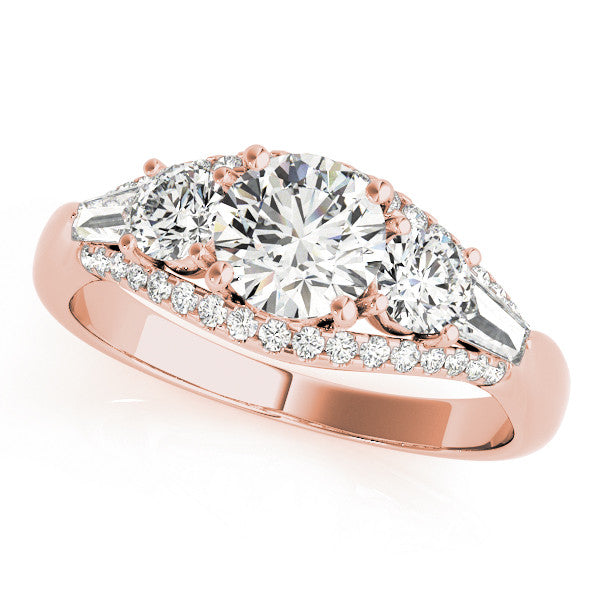 Rose gold Three-Stone Round Diamond Engagement Ring with Pave Band and Prong Setting