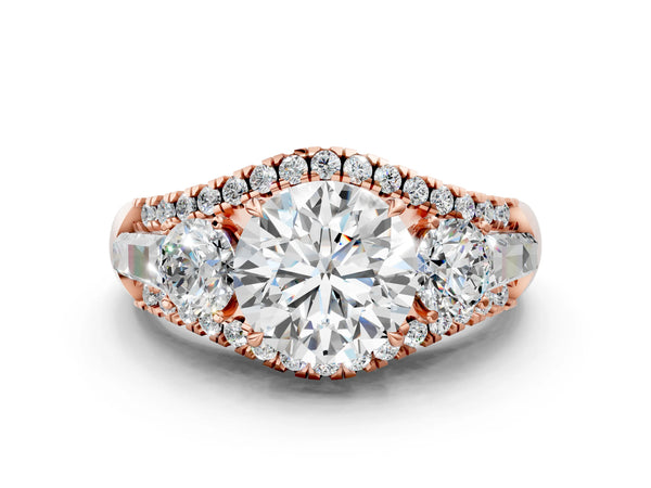 Rose gold Three-Stone Round Diamond Engagement Ring with Pave Band and Prong Setting