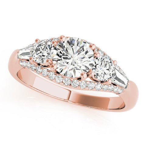 Rose gold Three-Stone Round Diamond Engagement Ring with Pave Band and Prong Setting