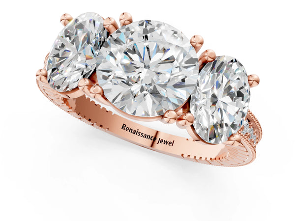 Rose gold Three-Stone Round Diamond Milgrain Pave Band with Prong Setting