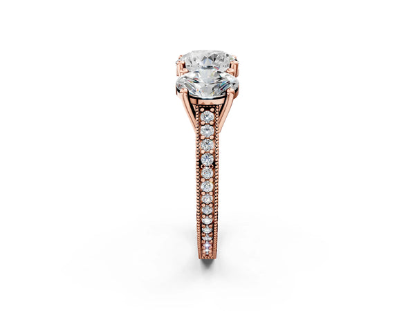 Rose gold Three-Stone Round Diamond Milgrain Pave Band with Prong Setting