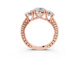Rose gold Three-Stone Round Diamond Milgrain Pave Band with Prong Setting 3