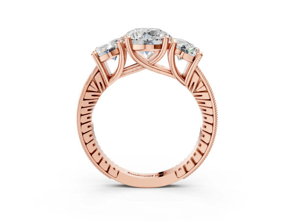 Rose gold Three-Stone Round Diamond Milgrain Pave Band with Prong Setting