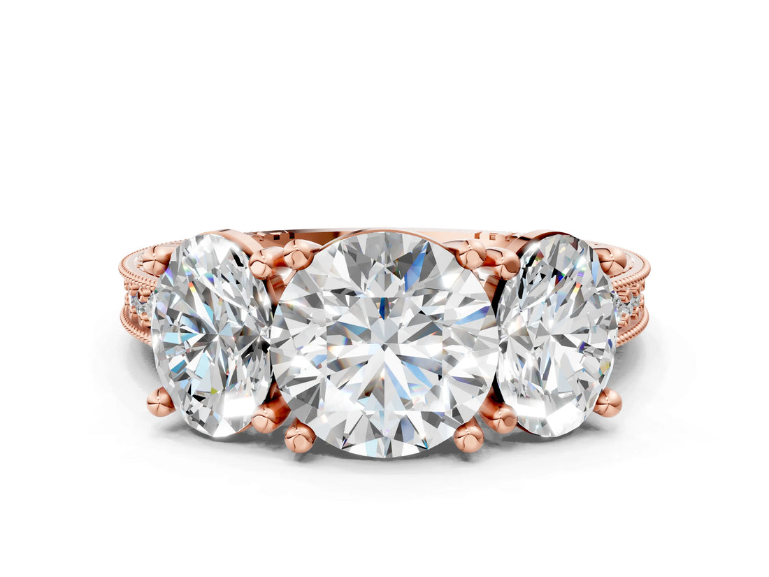 Rose gold Three-Stone Round Diamond Milgrain Pave Band with Prong Setting