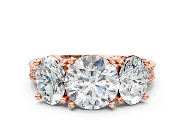 Rose gold Three-Stone Round Diamond Milgrain Pave Band with Prong Setting