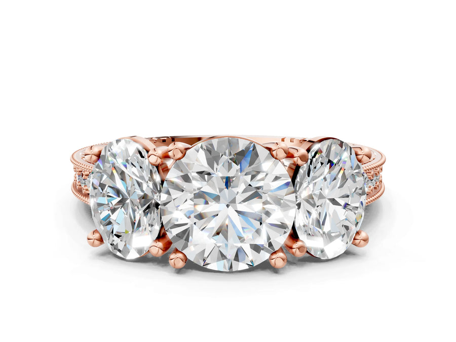 Rose gold Three-Stone Round Diamond Milgrain Pave Band with Prong Setting