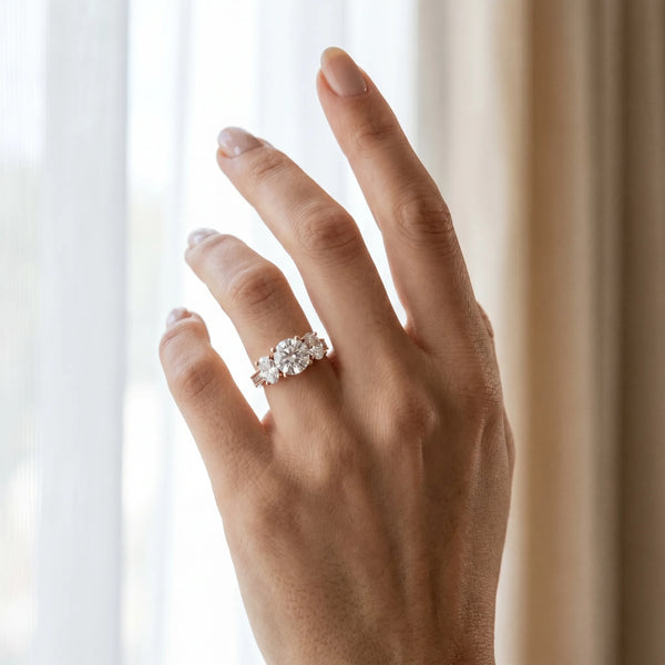 Rose gold Three-Stone Round Diamond Milgrain Pave Band with Prong Setting