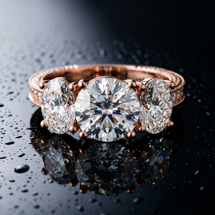 Rose gold Three-Stone Round Diamond Milgrain Pave Band with Prong Setting