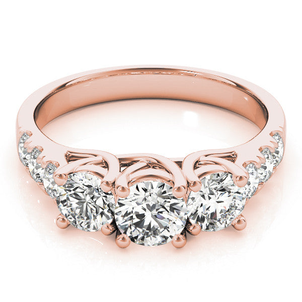14K Rose Gold Three-Stone 1.55 Carat E VVS2 Round Diamond Pavé Band with Prong Setting