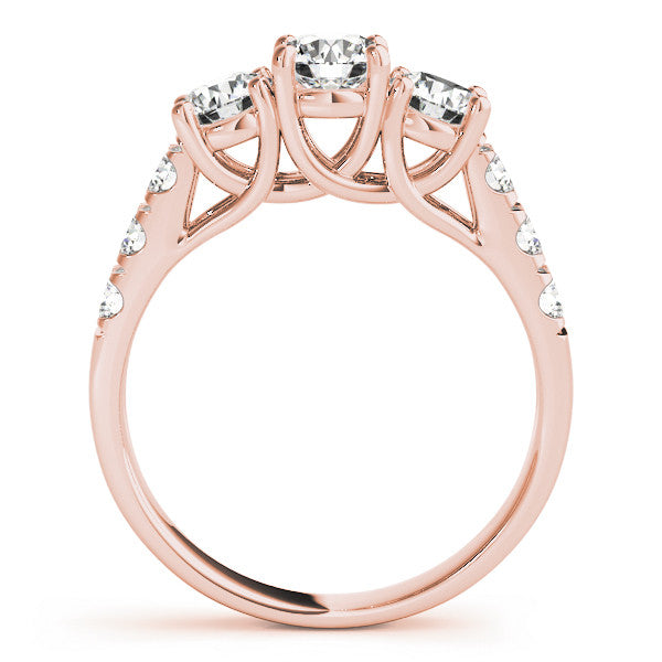 14K Rose Gold Three-Stone 1.55 Carat E VVS2 Round Diamond Pavé Band with Prong Setting