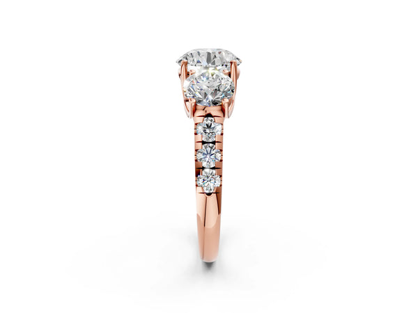 Rose Gold Round Trellis Three Stone Engagement Ring Setting with Prong-Set Shoulders